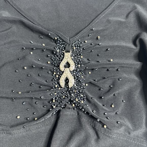 Y2K McBling Black Beaded Flutter Sleeve Top S Rhinestone Pendant Glam Baddie - Picture 8 of 12